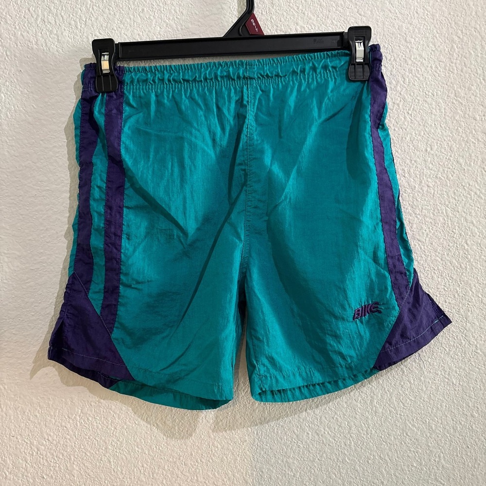 Vintage BIKE Nylon Athletic Shorts Teal Purple Colorblock Mens Small 90s Gym